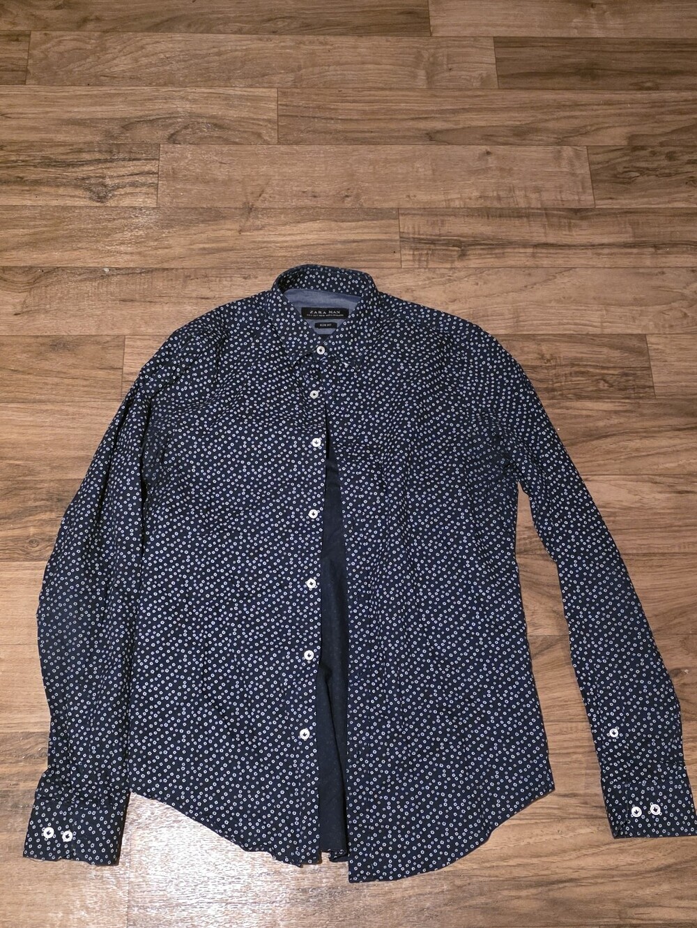 Zara Navy Button-Down Shirt with White Micro Print
